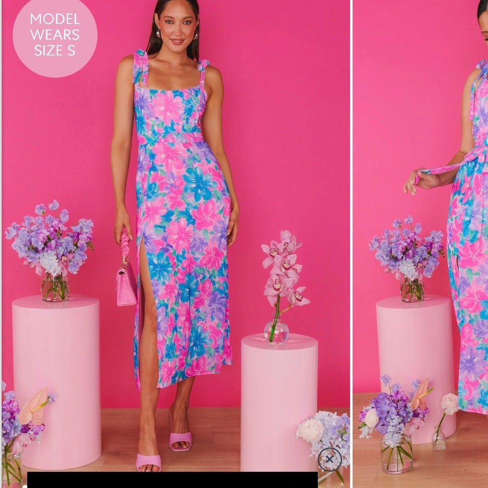 Show Me Your MuMu Pink and Blue Floral Midi Dress